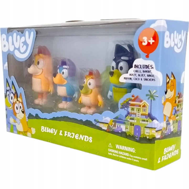 BLUEY ZESTAW 4 FIGUREK RODZINKA FIGURKI BINGO CHILI BANDIT MAMA PREZENT 8CM