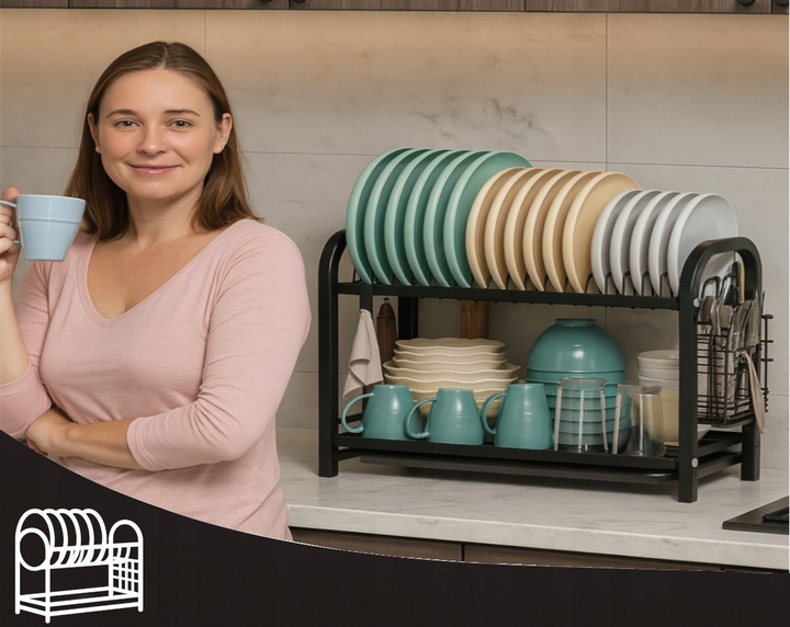 SUSZARKA DO NACZYŃ DWUPOZIOMOWA OCIEKACZ TALERZE SZTUĆCE + UCHWYT NA