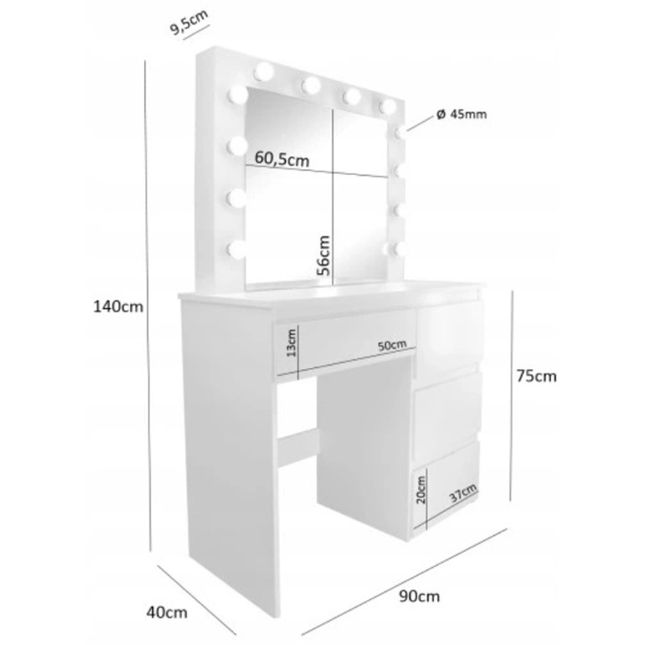 TOALETKA DO MAKIJAŻU WIZAŻU KOSMETYCZNA Z LUSTREM LED NOWOCZESNA LOFT