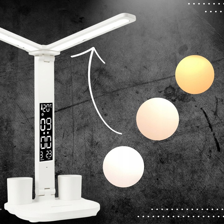 PODWÓJNA LAMPKA BIURKOWA LED Z WYŚWIETLACZEM ZEGAR ORGANIZER TEMP.