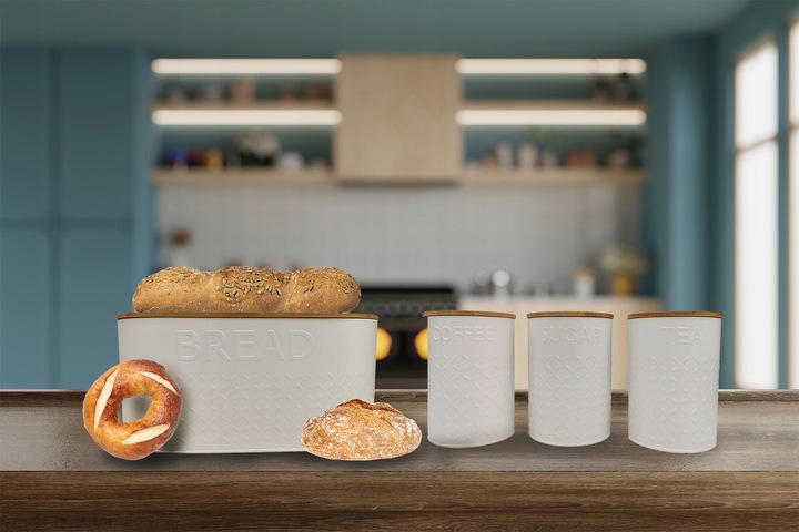 ZESTAW 5W1 CHLEBAK + POJEMNIKI NA KAWĘ CUKIER HERBATĘ DESKA KROJENIA CHZ03