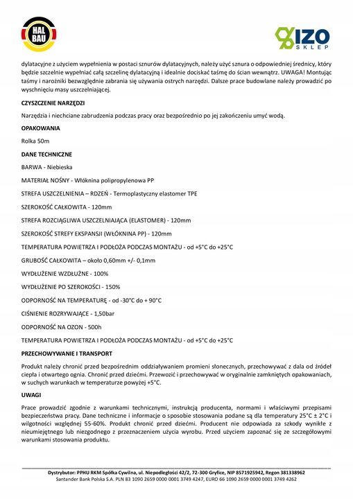 Taśma do Hydroizolacji 10mb Łazienka 120mm HN04