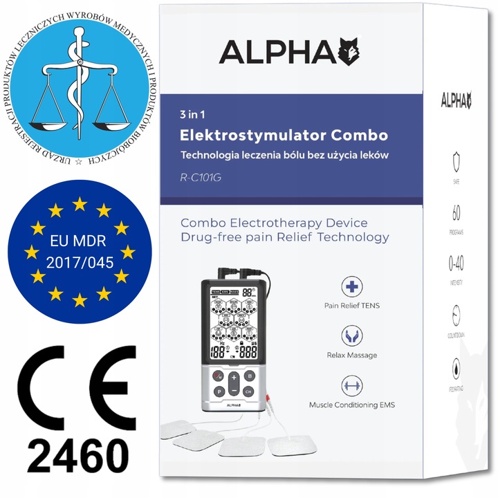 Elektrostymulator mięśni i nerwów TENS EMS MASAŻ 60 prog ALPHA + elektrody