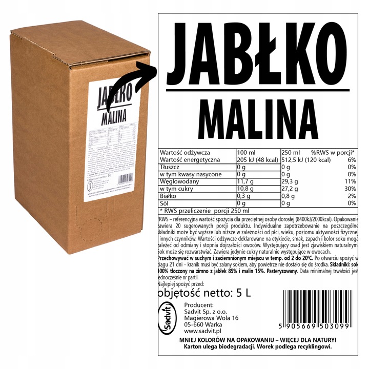Sok jabłko malina tłoczony naturalny 100% 5L z maliną, malinowy dla