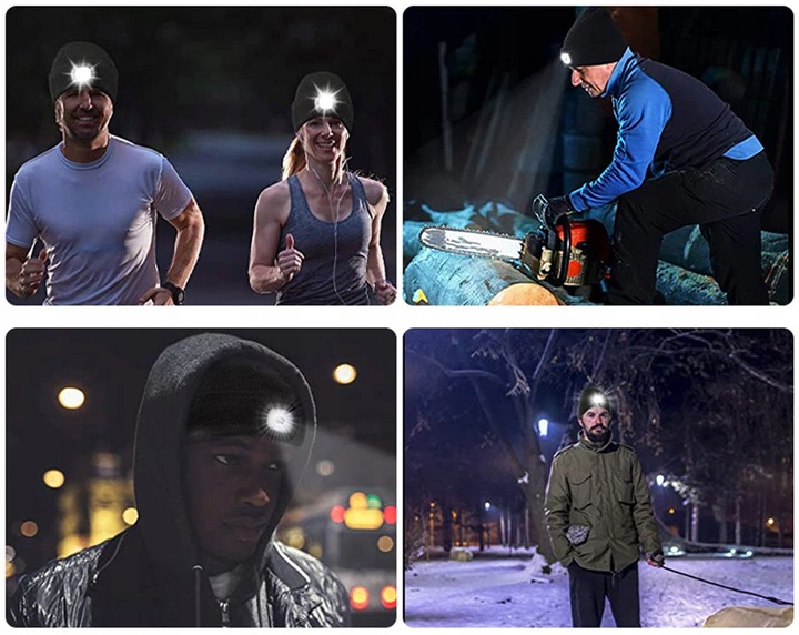 Czapka Zimowa Ocieplana z Latarką Lampką LED Ładowanie USB 4Tryby Świecenia