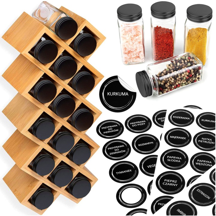 POJEMNIKI NA PRZYPRAWY PRZYPRAWNIK BAMBUS STOJAK DREWNIANY ZESTAW
