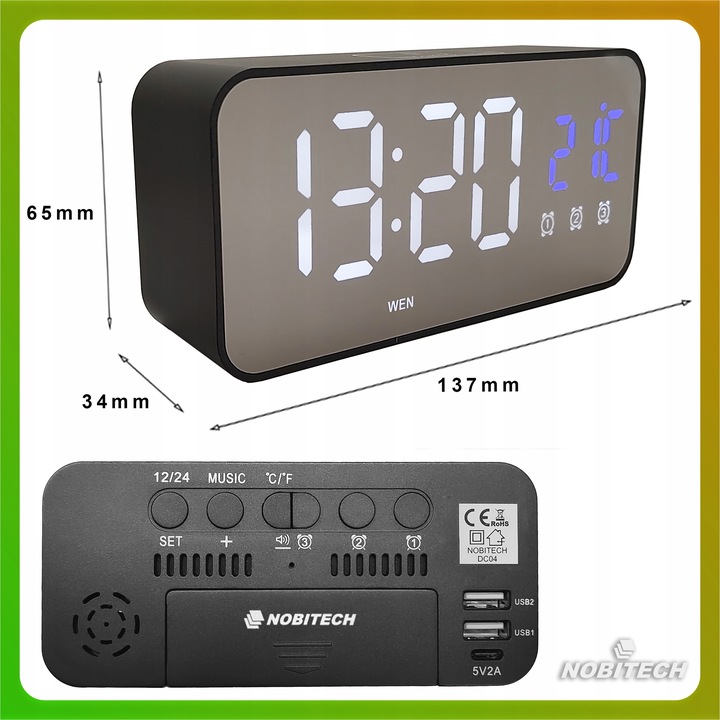 BUDZIK ZEGAR ELEKTRONICZNY LED GŁOŚNY STOJĄCY TEMPERATURA DATA + KABEL