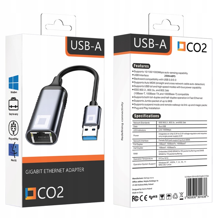 PRZEJŚCIÓWKA USB ETHERNET ADAPTER KARTA SIECIOWA LAN GIGABIT RJ45 1000 MBPS