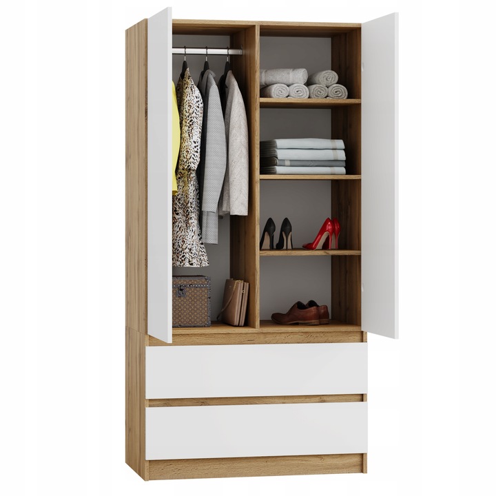 SZAFA DĄB WOTAN BIAŁA GARDEROBA DUŻA NA UBRANIA OTWIERANA 2 SZUFLADY