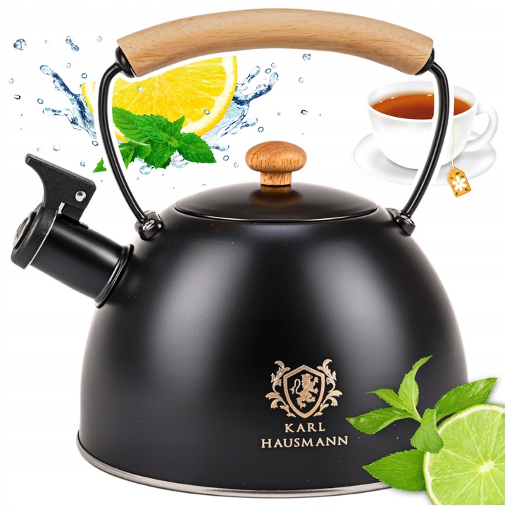 CZAJNIK STALOWY na GAZ 2,5L CZARNY z GWIZDKIEM +DREWNIANA RĄCZKA