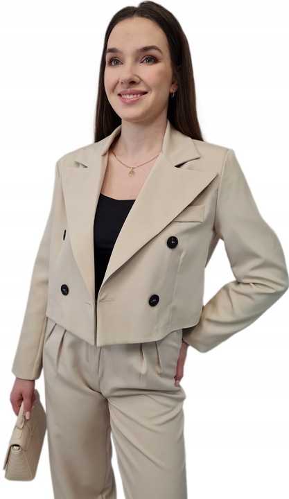 Modna MARYNARKA KRÓTKA Beżowa, Nowoczesny Żakiet Damski do Garnituru, r. L
