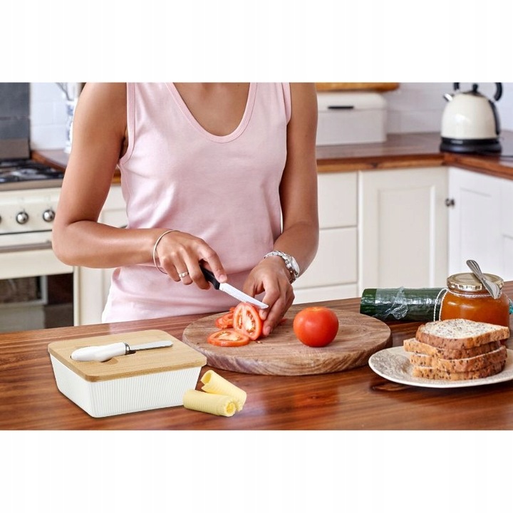 MASELNICA Maselniczka porcelanowa z nożykiem OSBORN biała z bambusem