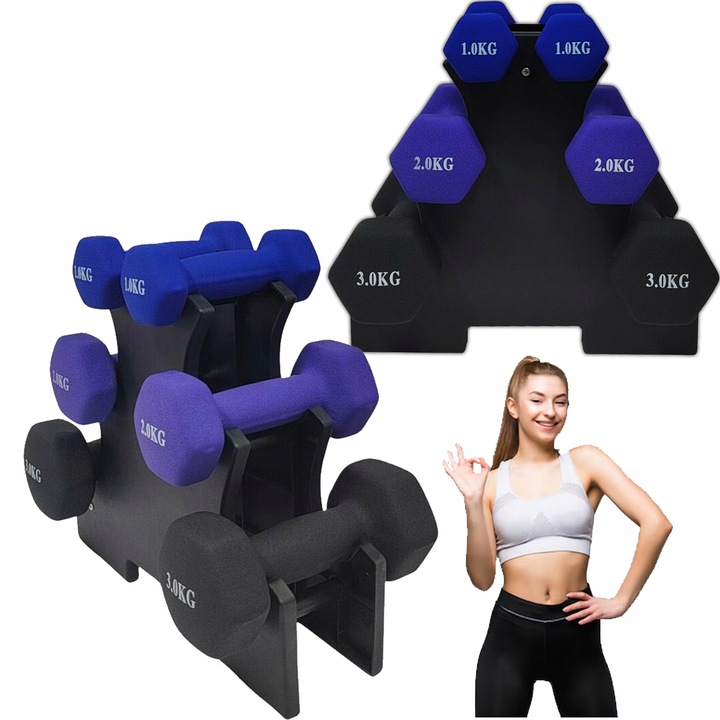 Zestaw hantli do ćwiczeń hantle hantelki ciężarki fitness stojak 1/2/3KG 12