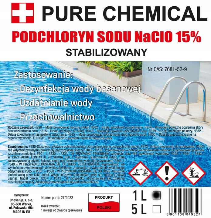 PODCHLORYN SODU 15% CHLOR W PŁYNIE DO BASENU 3L 3x1L