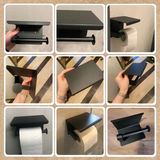 UCHWYT NA PAPIER TOALETOWY Z PÓŁKĄ CZARNY WIESZAK STALOWY ŁAZIENKA DOM WC