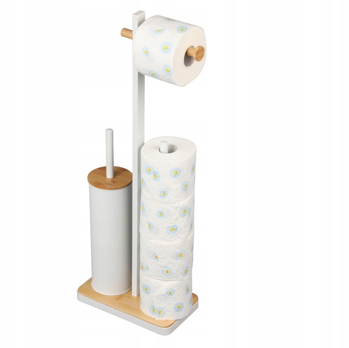 Stojak na papier toaletowy z uchwytem i szczotką WC biały bambus YOKA