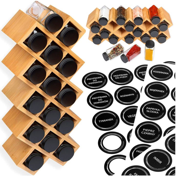 POJEMNIKI NA PRZYPRAWY PRZYPRAWNIK BAMBUS STOJAK DREWNIANY ZESTAW