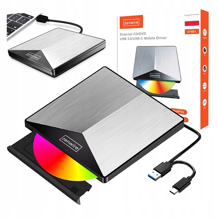Zewnętrzny Napęd Odtwarzacz DVD CD USB-C 3.0 Nagrywarka do Laptopa Komputer