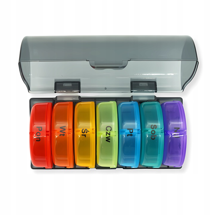 POJEMNIK PUDEŁKO KASETKA ORGANIZER NA LEKI 7 DNI POLSKIE NAPISY