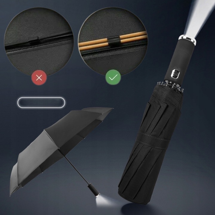 PARASOLKA AUTOMATYCZNA Z LATARKĄ LED PARASOL SKŁADANY PEŁEN AUTOMAT CZARNY