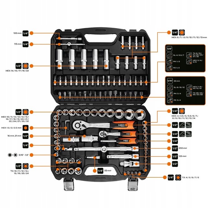 NEO TOOLS Zestaw Kluczy Nasadowych 108 el. 1/2" 1/4" Walizka Stal CrV