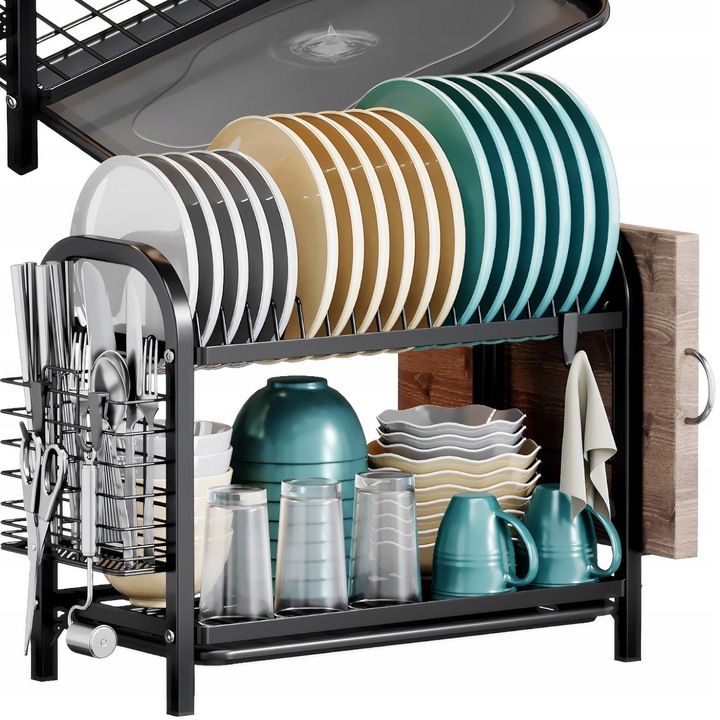 SUSZARKA DO NACZYŃ DWUPOZIOMOWA OCIEKACZ TALERZE SZTUĆCE + UCHWYT NA