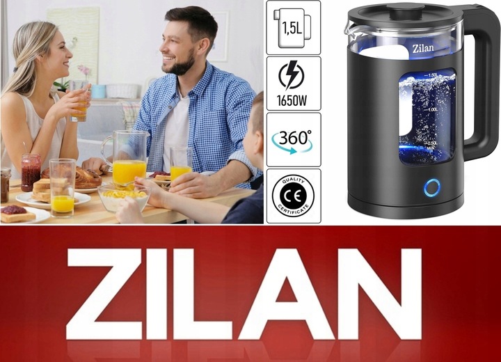 CZAJNIK ELEKTRYCZNY SZKŁO CZARNY 1,5L 1650W