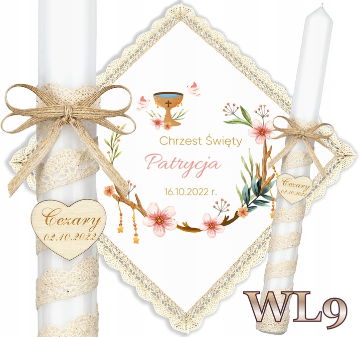Szatka i świeca do chrztu BOHO Chrzest pudełko grawer serce EKO Topaz WL