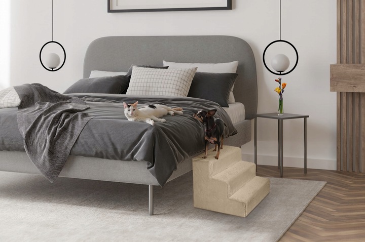 Schodki dla psa 3-stopnie tapicerowane kremowe podest dla psa do kanapy