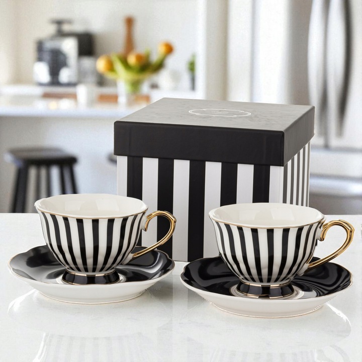 Komplet filiżanek porcelanowych 220 ml 2szt. biało-czarne złote zestaw