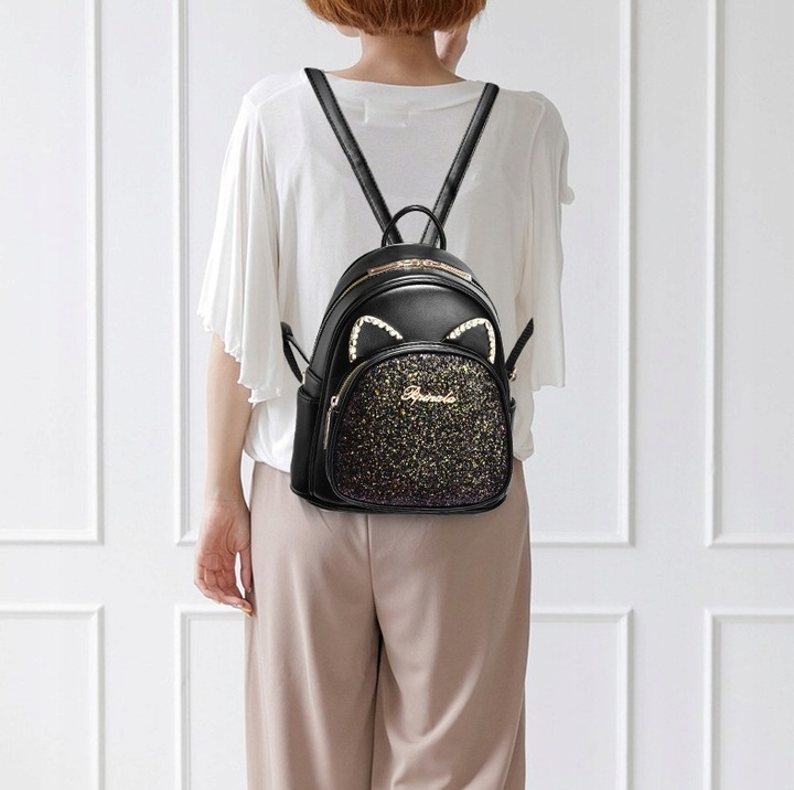 Plecak miejski błyszczący ozdobne kocie uszy dużo kieszeni pojemny