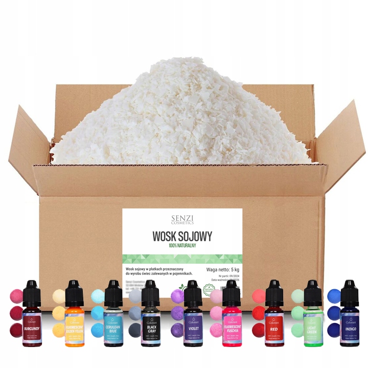 WOSK SOJOWY 5kg do ŚWIEC 100% NATURALNY + BARWNIKI Zestaw 9x10 ml