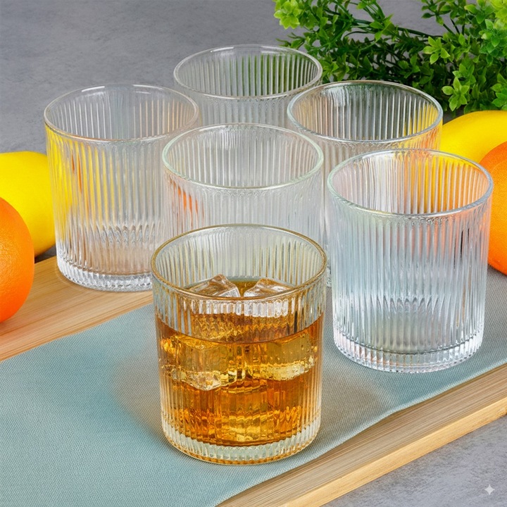 6x Szklanki RYFLOWANE do napojów wody drinków whisky zestaw szklanek 310 ml