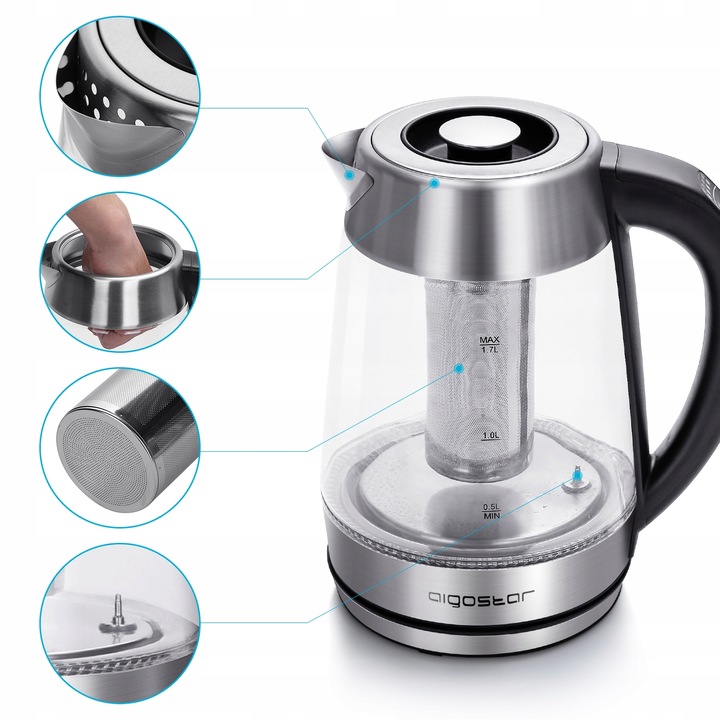 Czajnik Elektryczny Szklany z Regulacja Temperatury 1,7L 2200 W