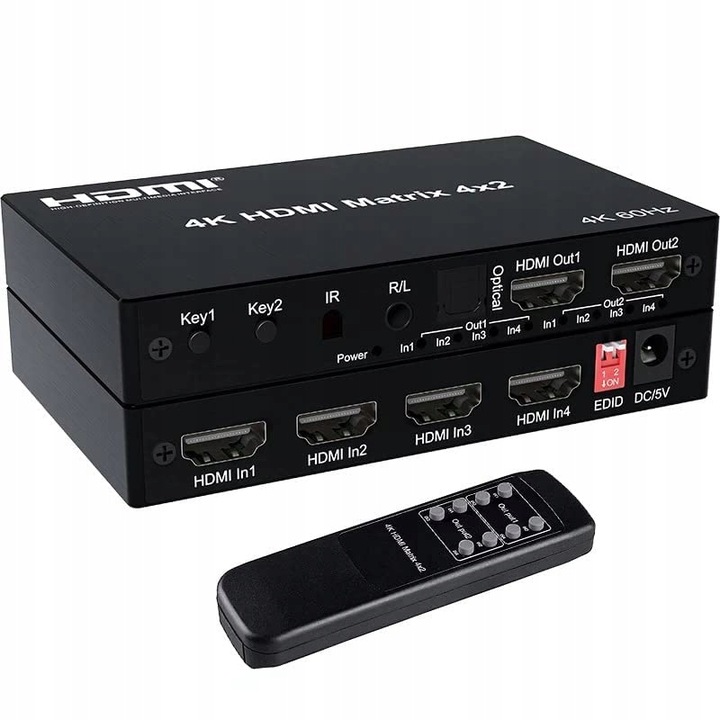 Matrix HDMI Switch Splitter 4x2 4K HDCP Rozdzielacz Toslink Jack + Pilot IR