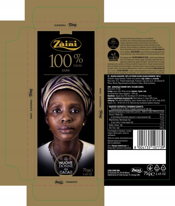 CZEKOLADA GORZKA 100% KAKAO ZAINI WOMEN OF COCOA 12 SZTUK x 75g SUPER