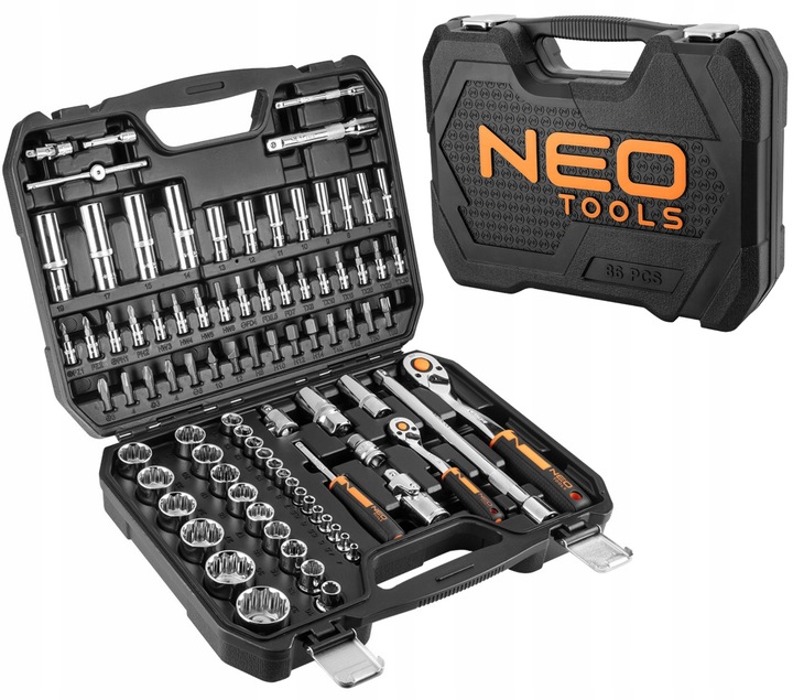 NEO TOOLS Klucze Nasadowe 1/4, 1/2, 86 el. CrV Zestaw Narzędzi Walizka