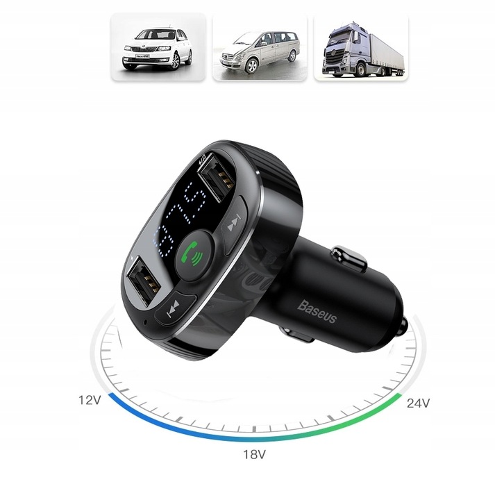 BASEUS TRANSMITER FM BLUETOOTH ŁADOWARKA SAMOCHODOWA MP3 2x USB SD/ TF 3.4A