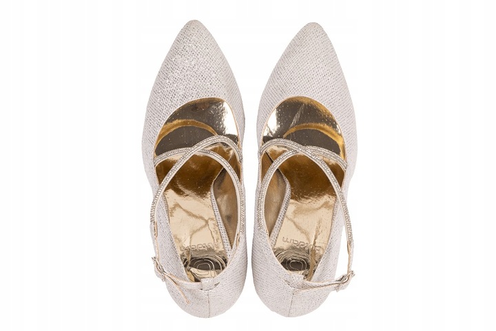 Ślubne Czółenka brokatowe z ozdobnymi paseczkami na krzyż srebrne BUTDAM 39