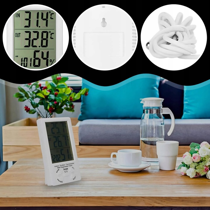 STACJA POGODOWA TERMOMETR ZEWNĘTRZNY HIGROMETR LCD ZEGAR Z SONDĄ