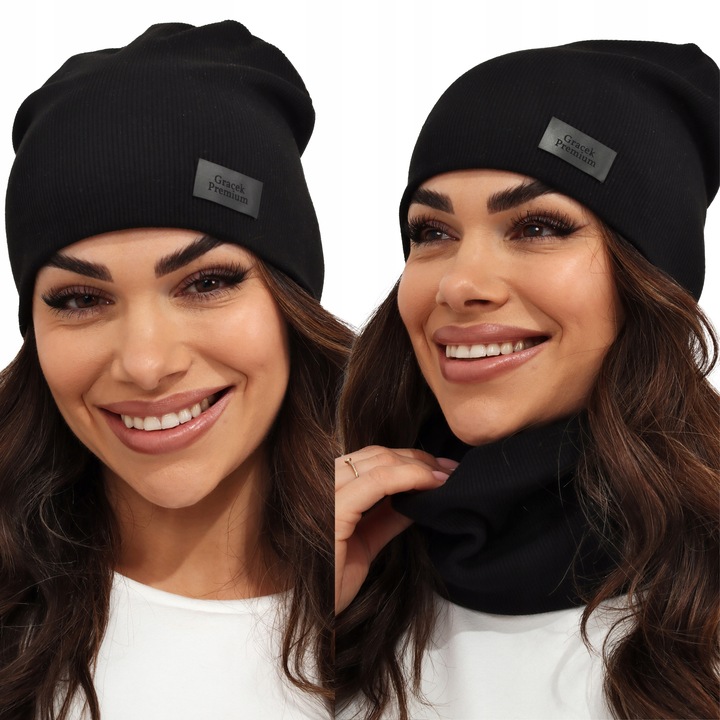 CIEPŁY KOMPLET DAMSKI CZAPKA+ KOMIN PRODUKT POLSKI MODNY ZIMOWY CZARNY