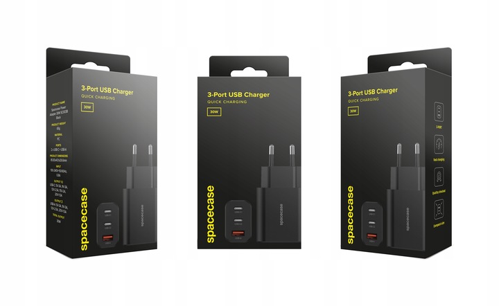 SZYBKA ŁADOWARKA SIECIOWA DO TELEFONU 3X USB USB-C TYP-C 30W QUICK CHARGE