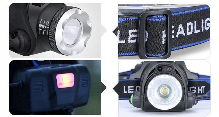 LATARKA CZOŁOWA CZOŁÓWKA LED REFLEKTOR + BATERIE 3 TRYBY ŚWIECENIA 2 x AKUM