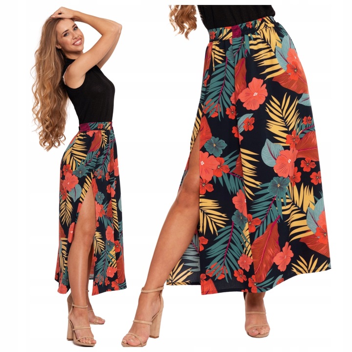 DŁUGA SPÓDNICA DAMSKA MAXI WZÓR KWIATY Z ROZCIĘCIEM ELEGANCKA MORAJ XXL