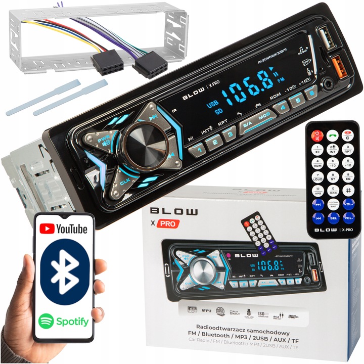 RADIO SAMOCHODOWE BLUETOOTH 1-DIN USB AUX SD MIKROFON PILOT BATERIA
