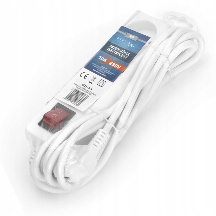 PRZEDŁUŻACZ LISTWA 16A WŁĄCZNIK UZIEMIENIE BIAŁY SIECIOWY 3 GNIAZDA 2M