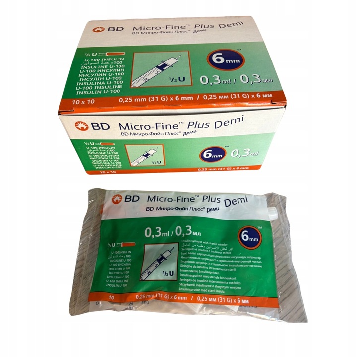 Strzykawki insulinowe 0,3 ml z igłą 6 mm BD Micro-Fine Plus Demi 100 szt.