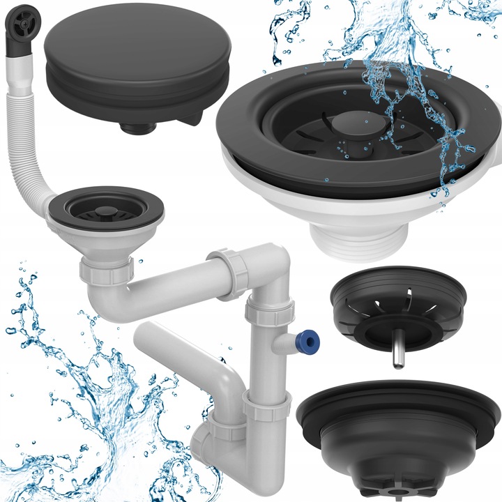 SYFON do ZLEWU jednokomorowego oszczedzajacy miejsce czarny PRZYSCIENNY 2w1