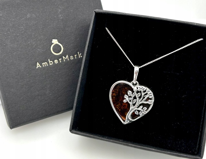 Wisiorek srebrny z bursztynem ZAWIESZKA ze srebra serce drzewo FILM