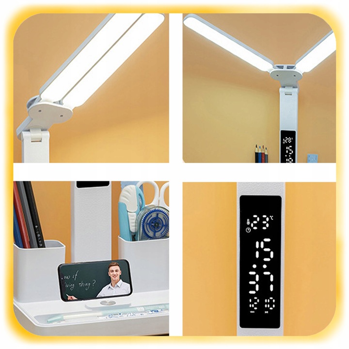 PODWÓJNA LAMPKA BIURKOWA LED Z ORGANIZEREM WYŚWIETLACZEM TEMP ZEGAR